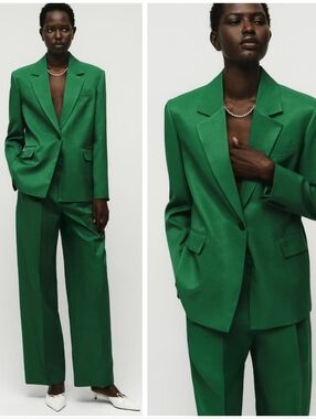 Mango Suit Green Blazer Pants Set